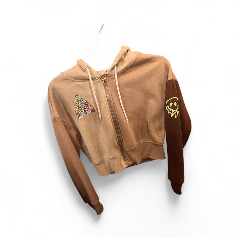 Stay Groovy Mushroom Tan Zip-Up Crop Hoodie